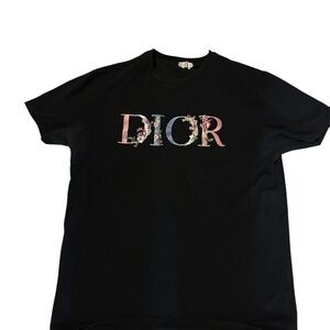 Dior Black Tee with Pastel Floral Logo